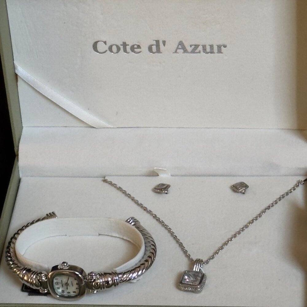COTE D' AZUR Silver-Toned Jewelry Set Watch Necklace Earrings Clear Gemstones
